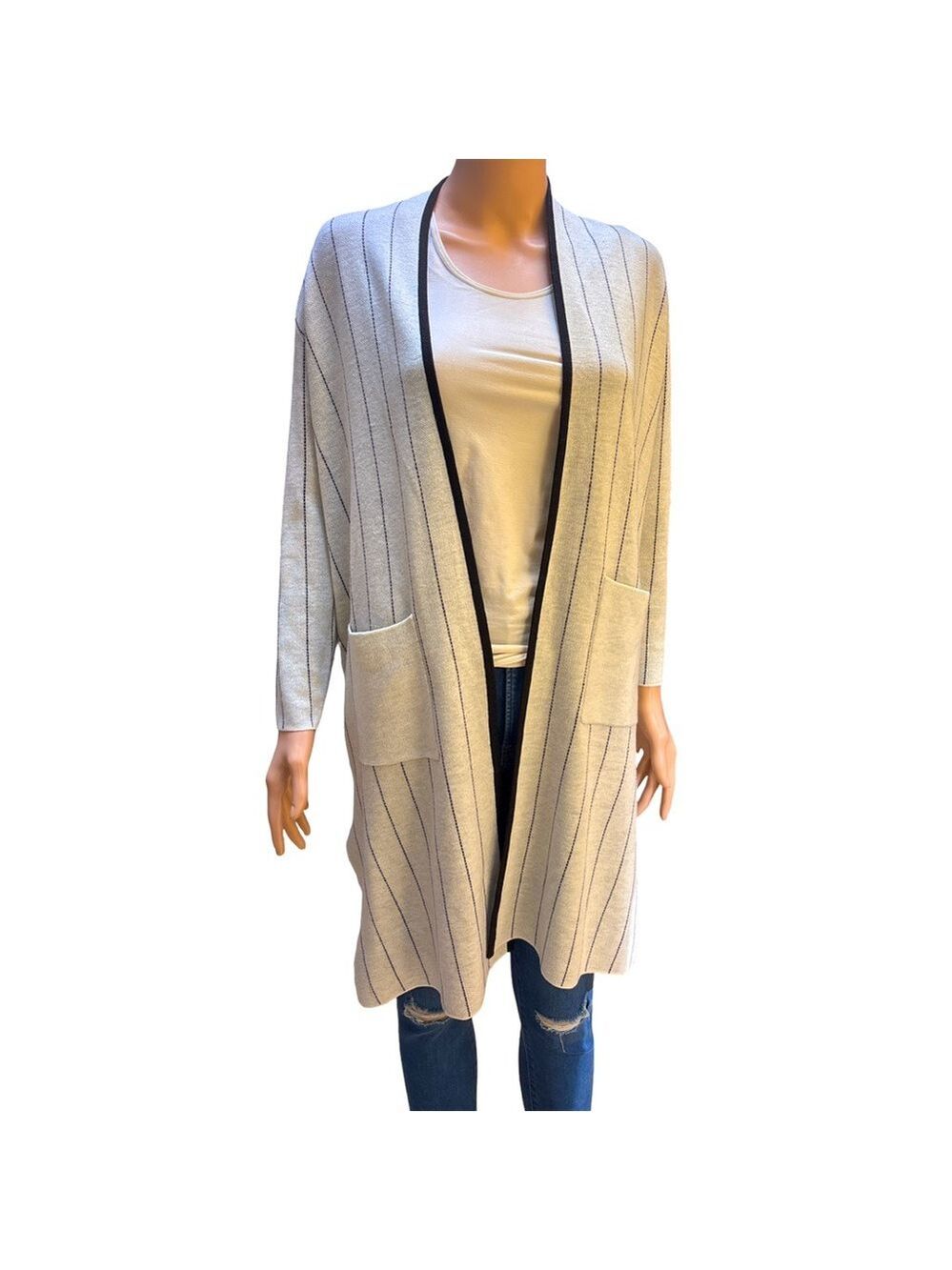 Urban Revivo Grey and Black Striped Longline Open Cardigan Size 8